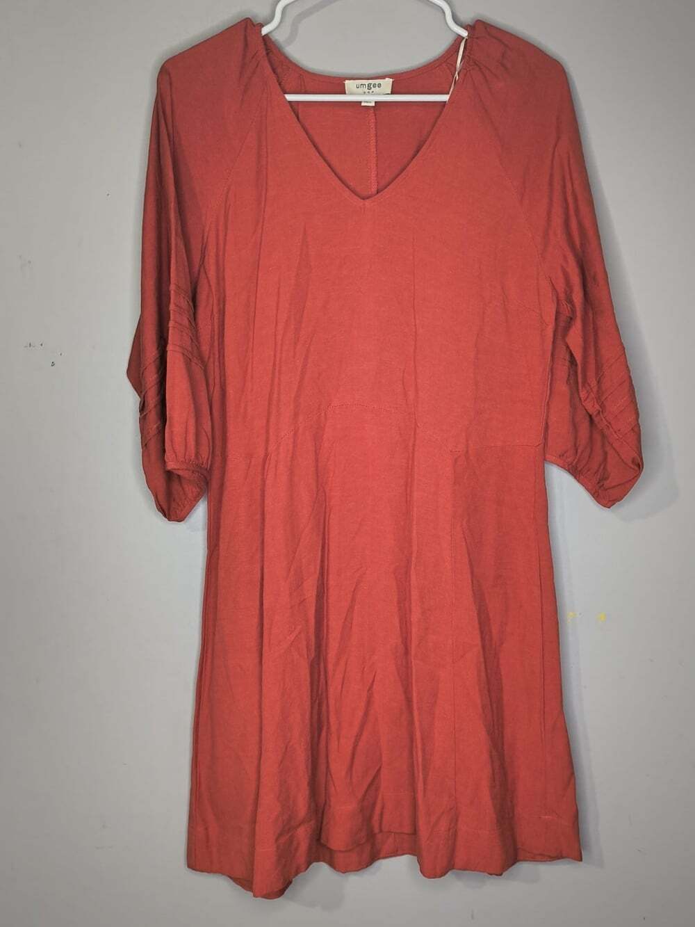 Umgee Women's Rust Linen Rayon V-Neck A-Line 3/4 Sleeve Knee Dress S boho